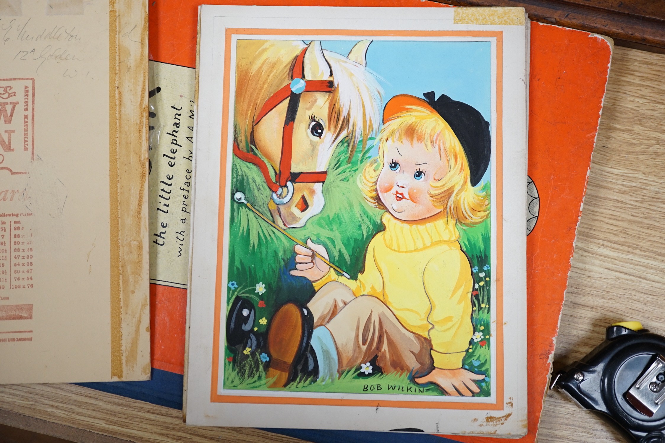Bob Wilkin, six original artworks for postcards, Humorous children, signed, 24 x 19cm, unframed